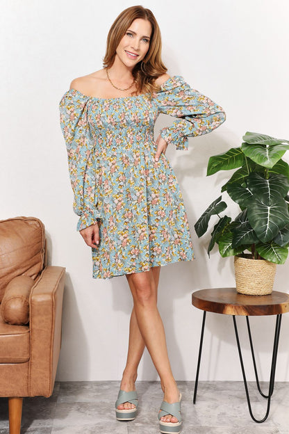 Honey Floral Smocked Flounce Sleeve Square Neck Dress - -