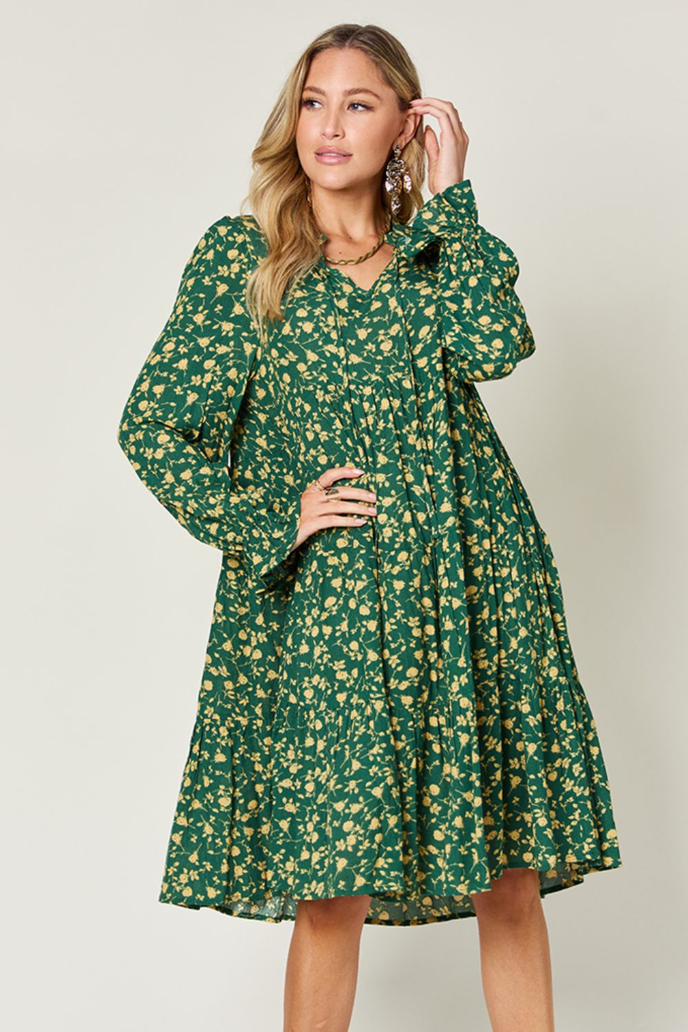 Double Take Full Size Printed Ruffle Hem Long Sleeve Tiered Dress - Dark Green -