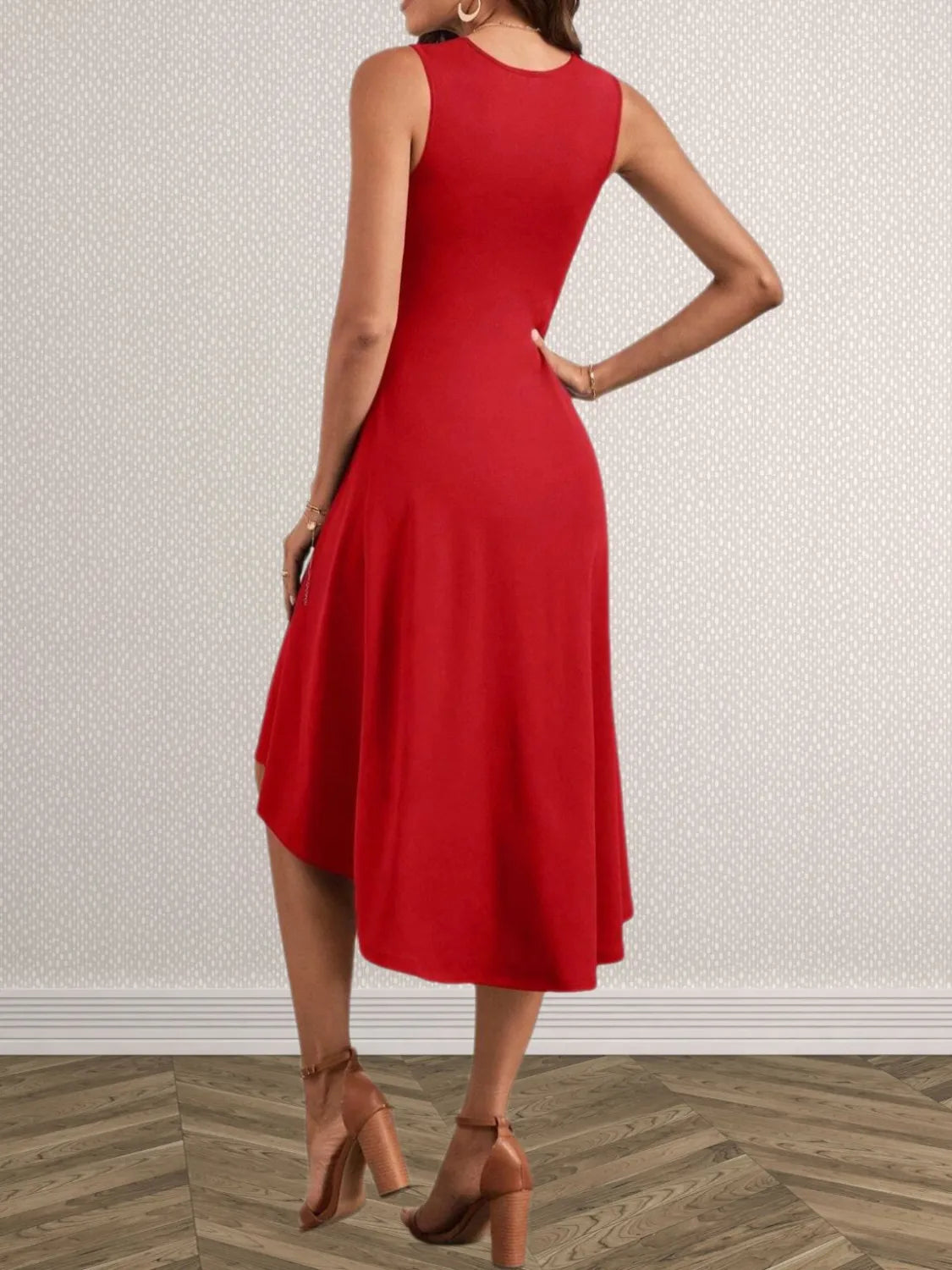 Ruched Round Neck Sleeveless Dress - -