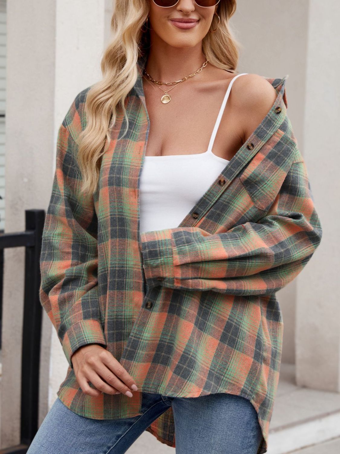 Mandy Plaid Collared Neck Long Sleeve Shirt - -