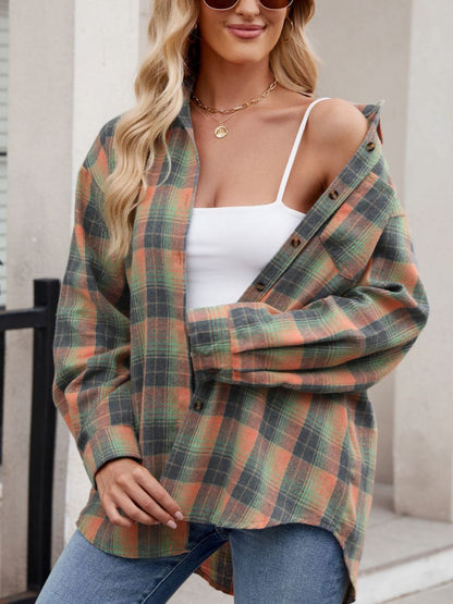Mandy Plaid Collared Neck Long Sleeve Shirt - -
