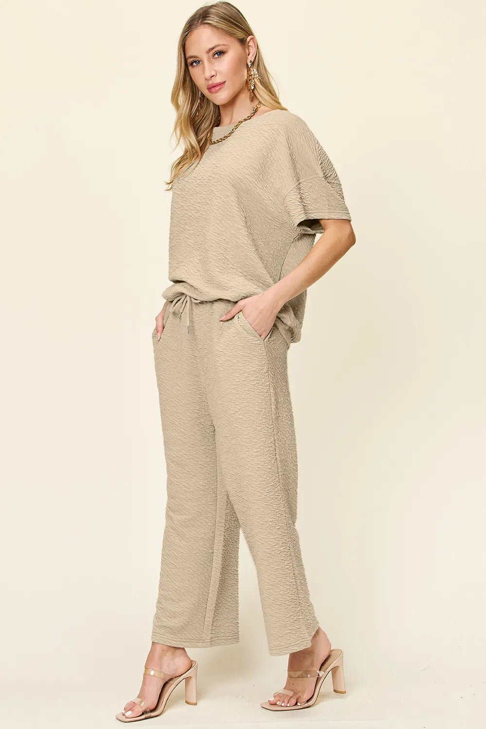 Double Take Full Size Texture Short Sleeve Top and Pants Set - -