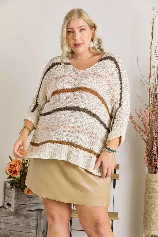 ADORA Full Size Multi Color Strip Sweater Plus Size - -