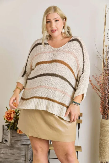 ADORA Full Size Multi Color Strip Sweater Plus Size - -
