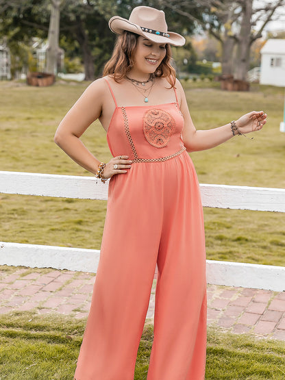 Plus Size Lace Detail Spaghetti Strap Wide Leg Jumpsuit - Orange -
