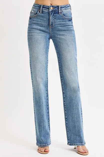 Light blue straight-leg jeans made from stretch denim with a faded wash detail.