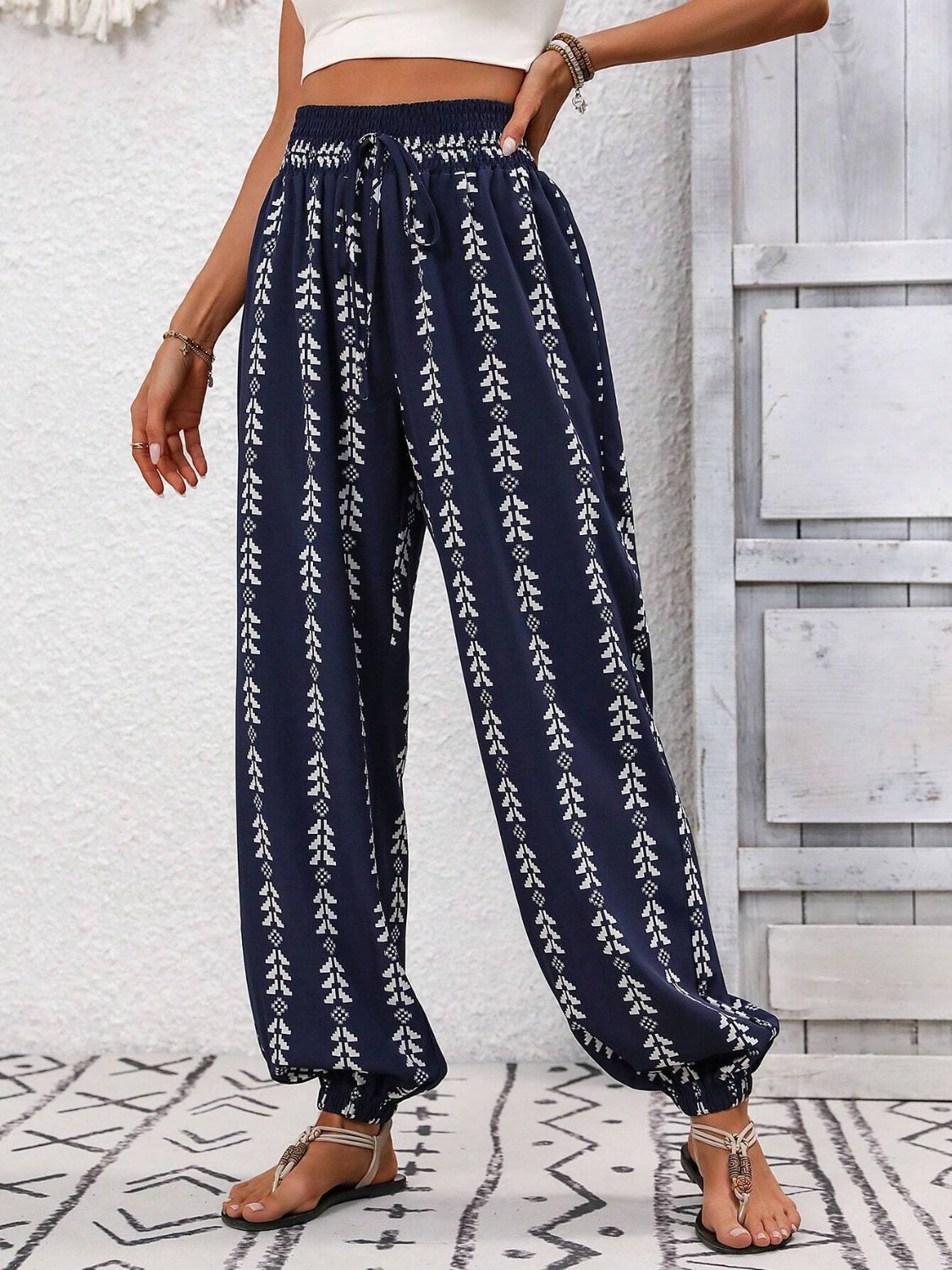Tied Printed High Waist Pants - -