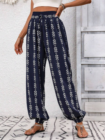 Tied Printed High Waist Pants - -