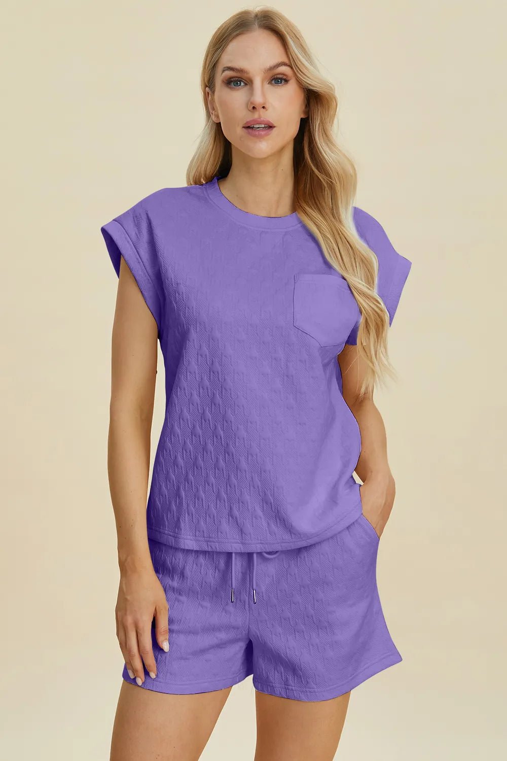 Double Take Full Size Pocketed Texture Round Neck Top and Shorts Set – | Shannon’s Chique Boutique