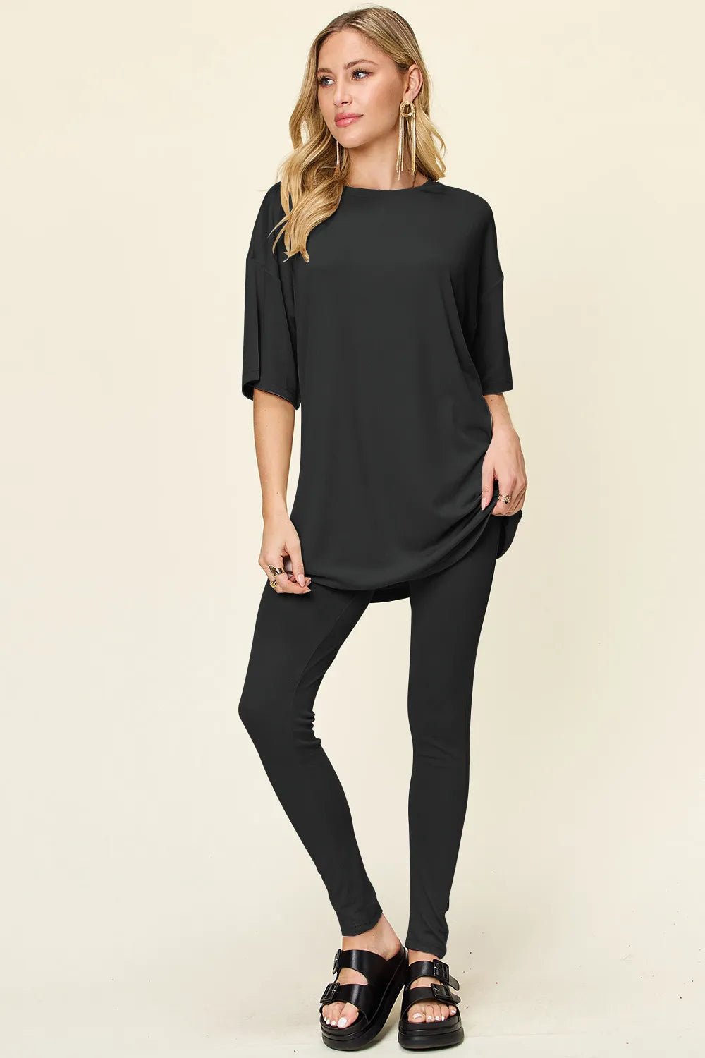 Double Take Full Size Round Neck Dropped Shoulder T-Shirt and Leggings Set - Black -