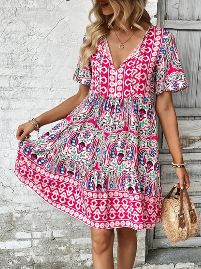 Printed Tie Neck Short Sleeve Dress - -