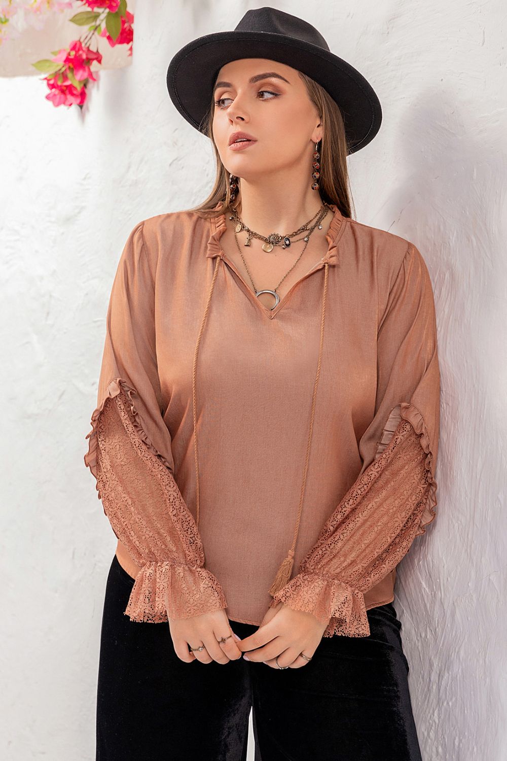Plus Size Tie Neck Flounce Sleeve Blouse - -