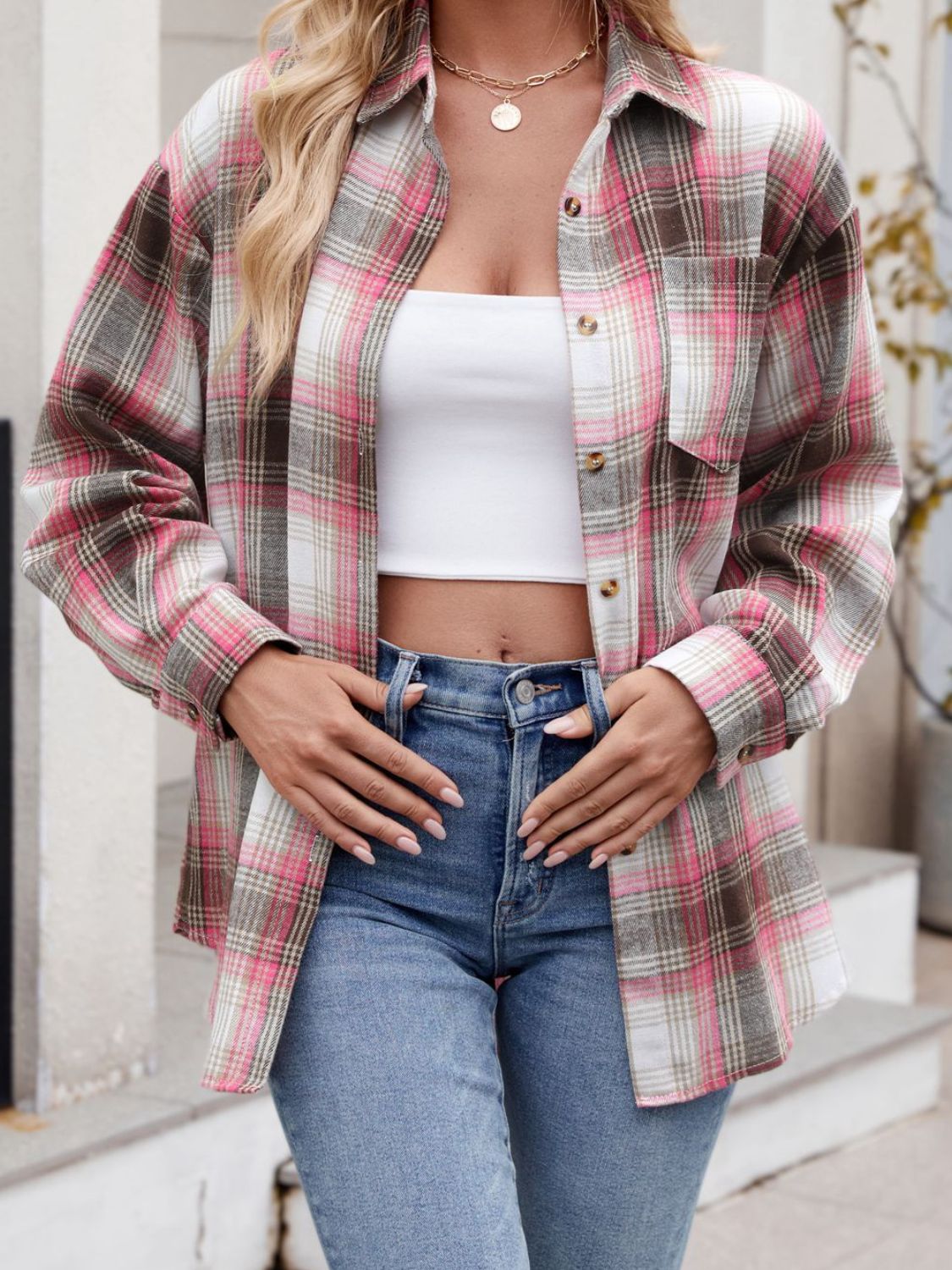 Mandy Plaid Collared Neck Long Sleeve Shirt - -