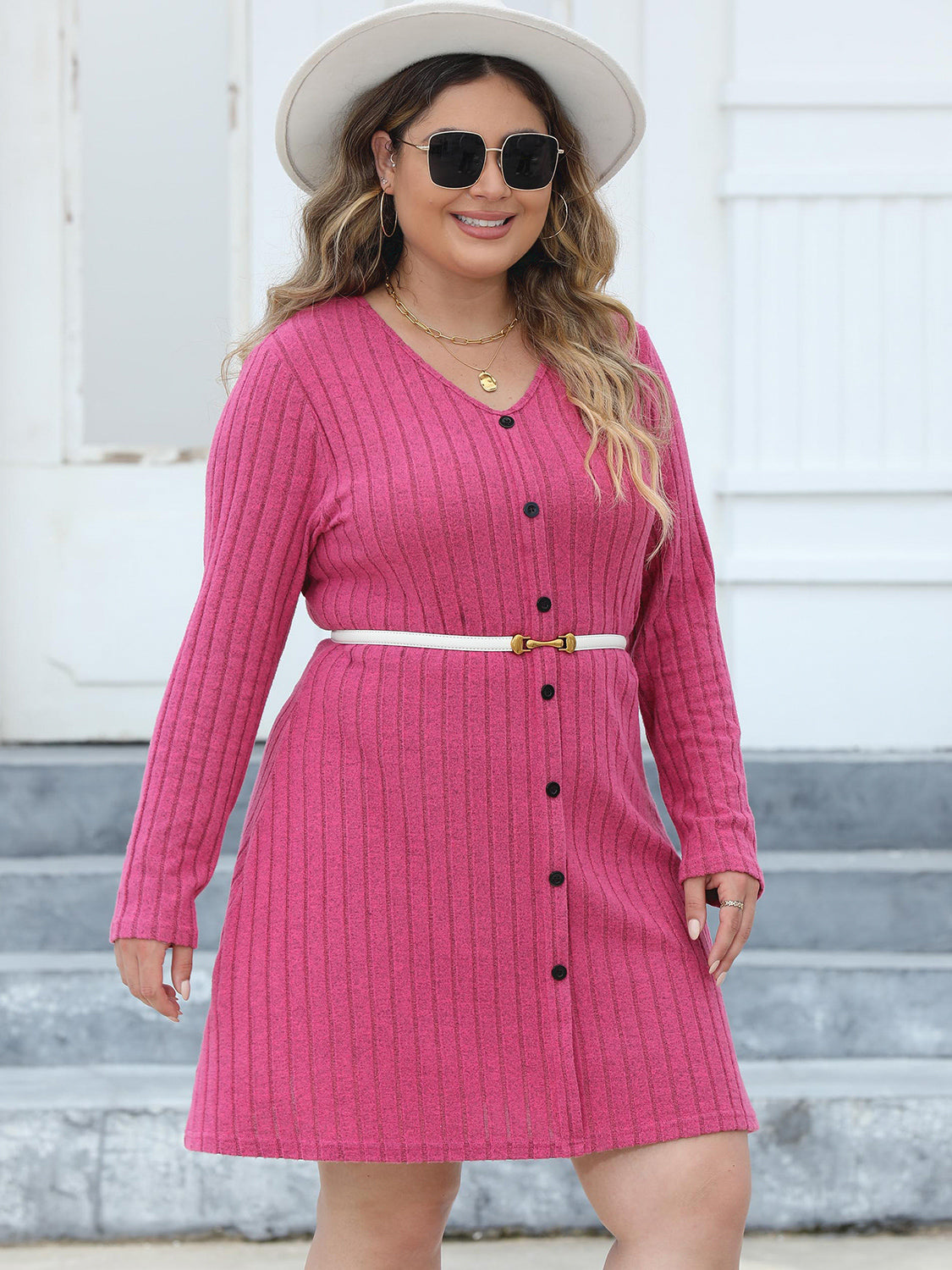 Plus Size Ribbed Buttoned V-Neck Long Sleeve Dress - -