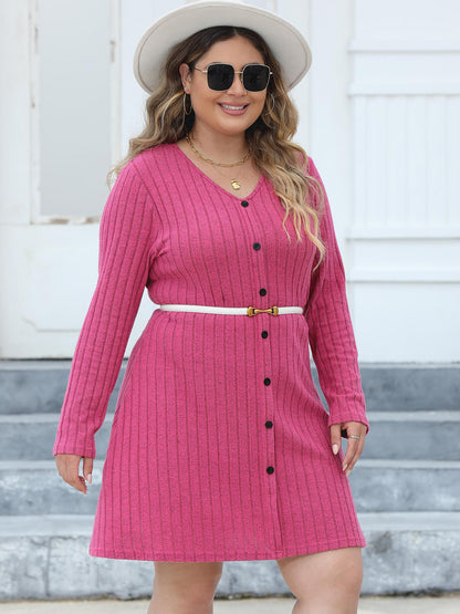 Plus Size Ribbed Buttoned V-Neck Long Sleeve Dress - -