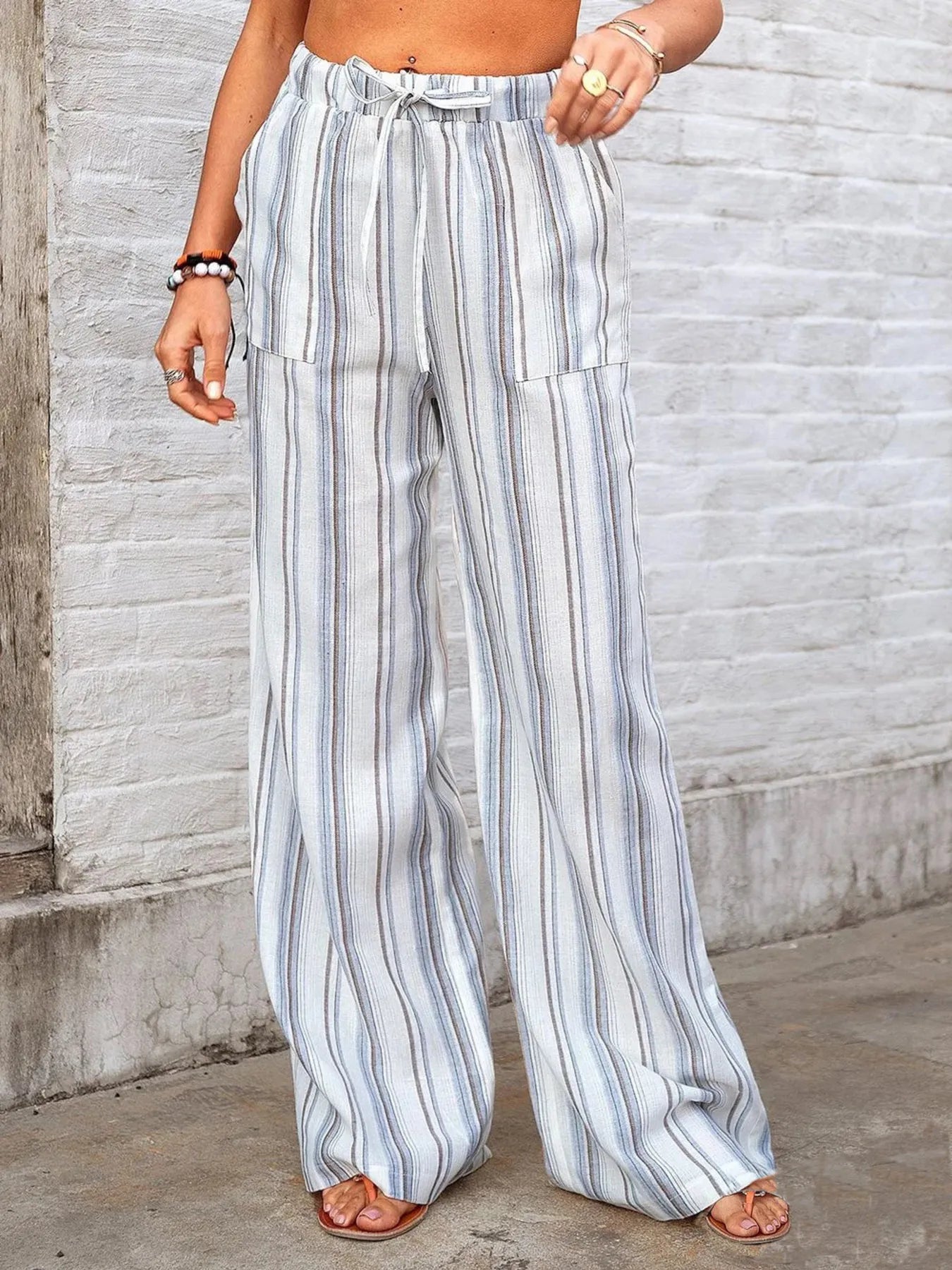 Full Size Striped Wide Leg Pants Plus Size - -