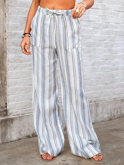 Full Size Striped Wide Leg Pants Plus Size - -