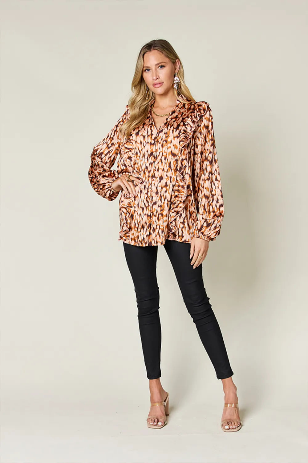 Double Take Full Size Printed Ruffle Trim Balloon Sleeve Shirt - -