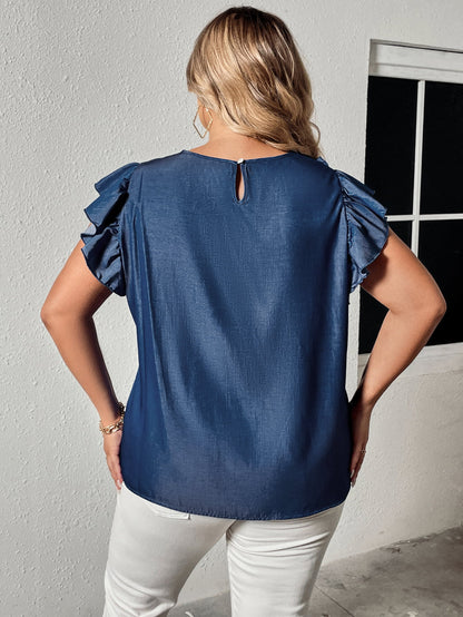 Honey Plus Size Round Neck Flounce Sleeve Frill Trim Blouse - -