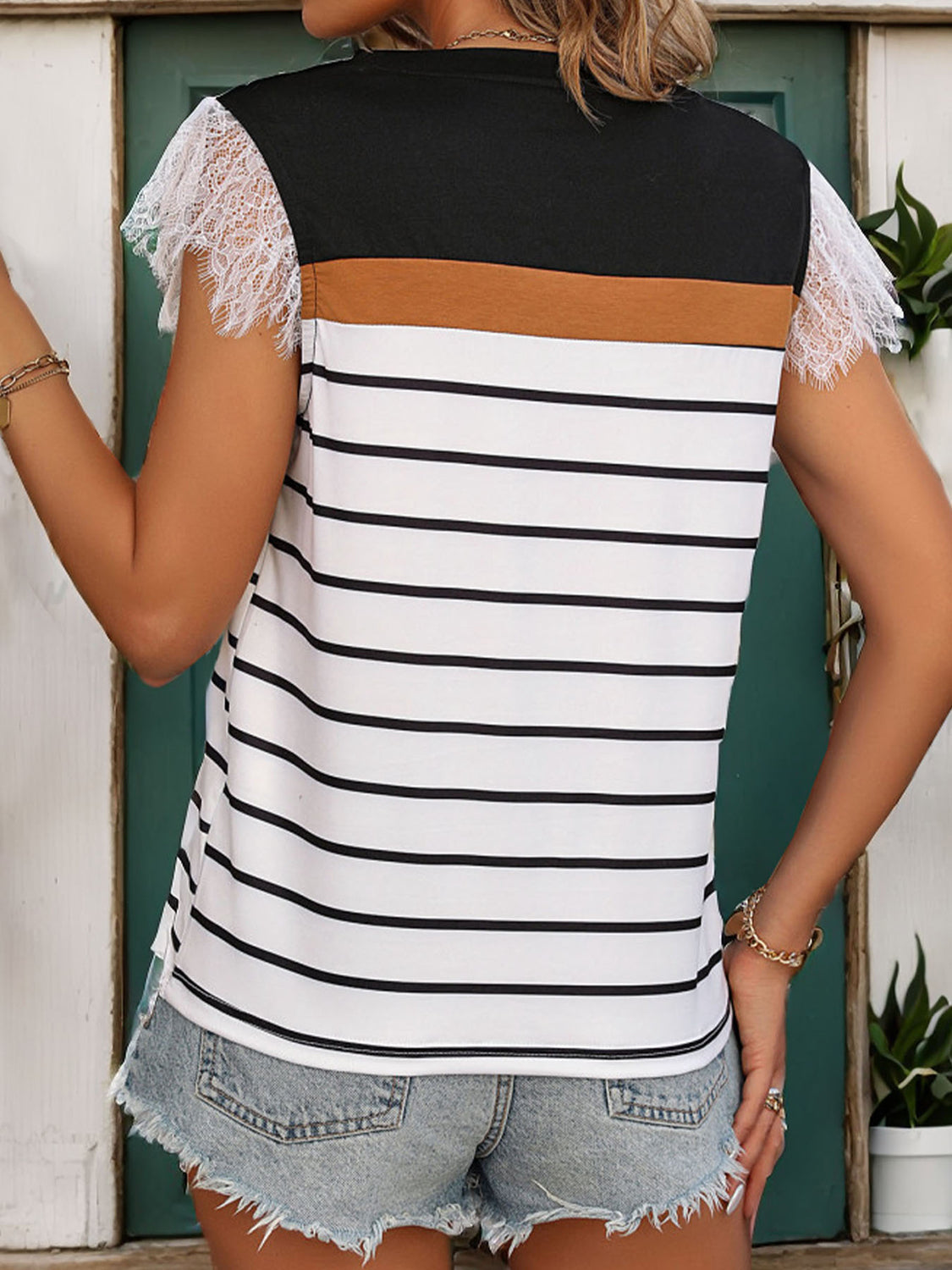 Perfee Lace Detail Striped Round Neck Cap Sleeve T-Shirt