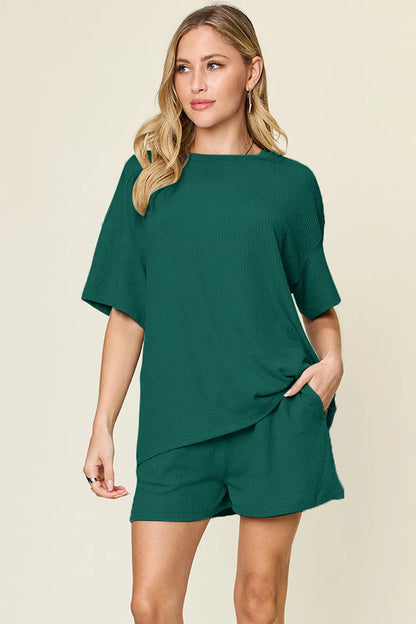 Double Take Basic style Round Neck Solid Set - Deep Teal -