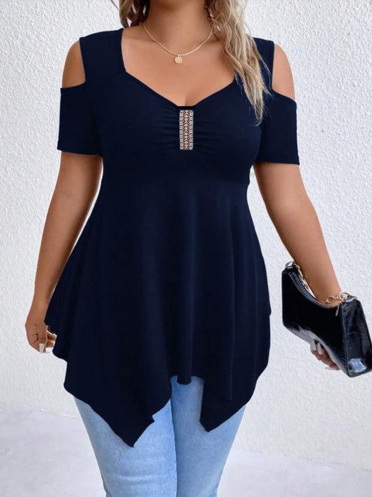 Cold Shoulder Short Sleeve Blouse - Navy Blue -