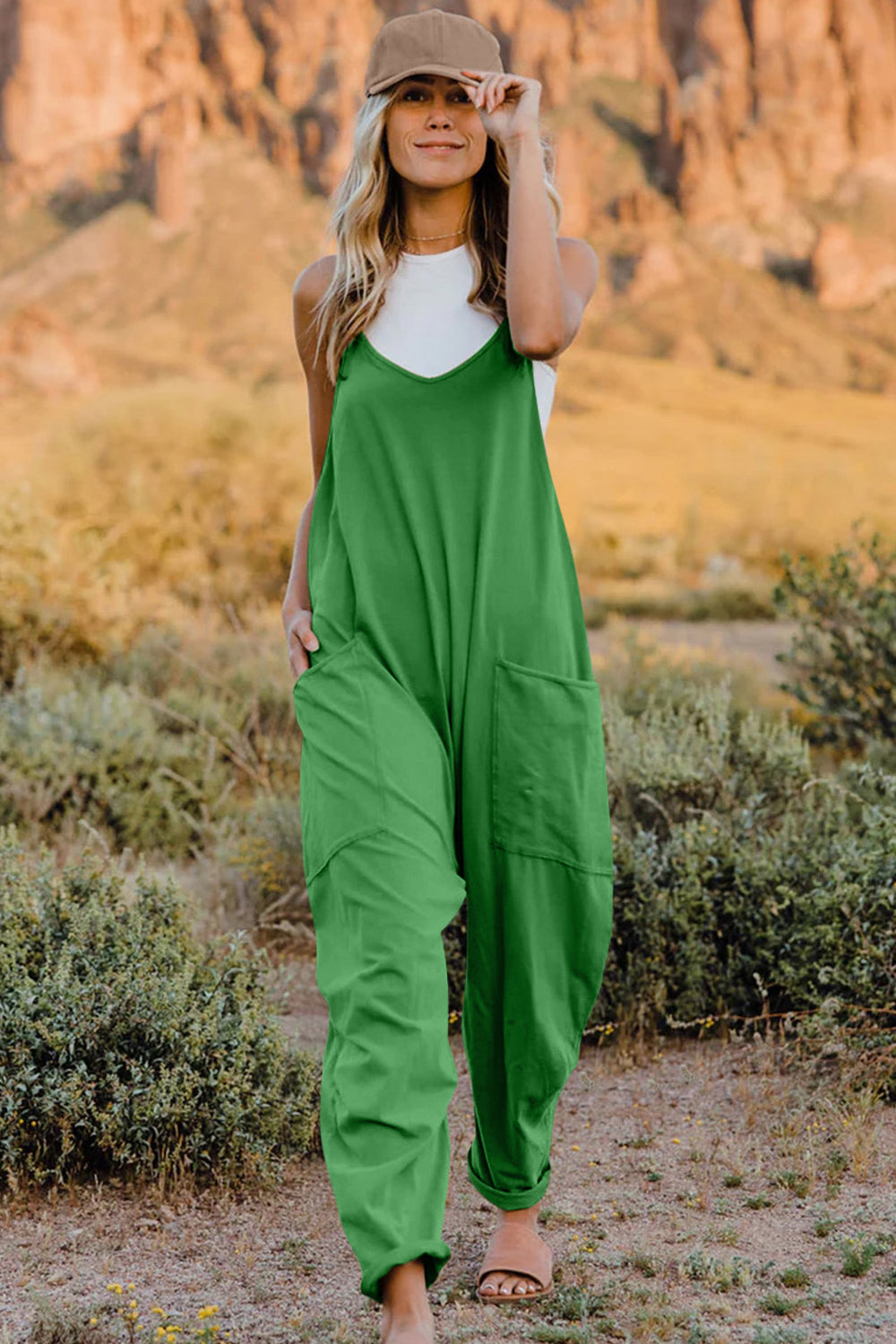 Double Take Plus Size V-Neck Sleeveless Jumpsuit with Pockets – Bold Color Collection - -