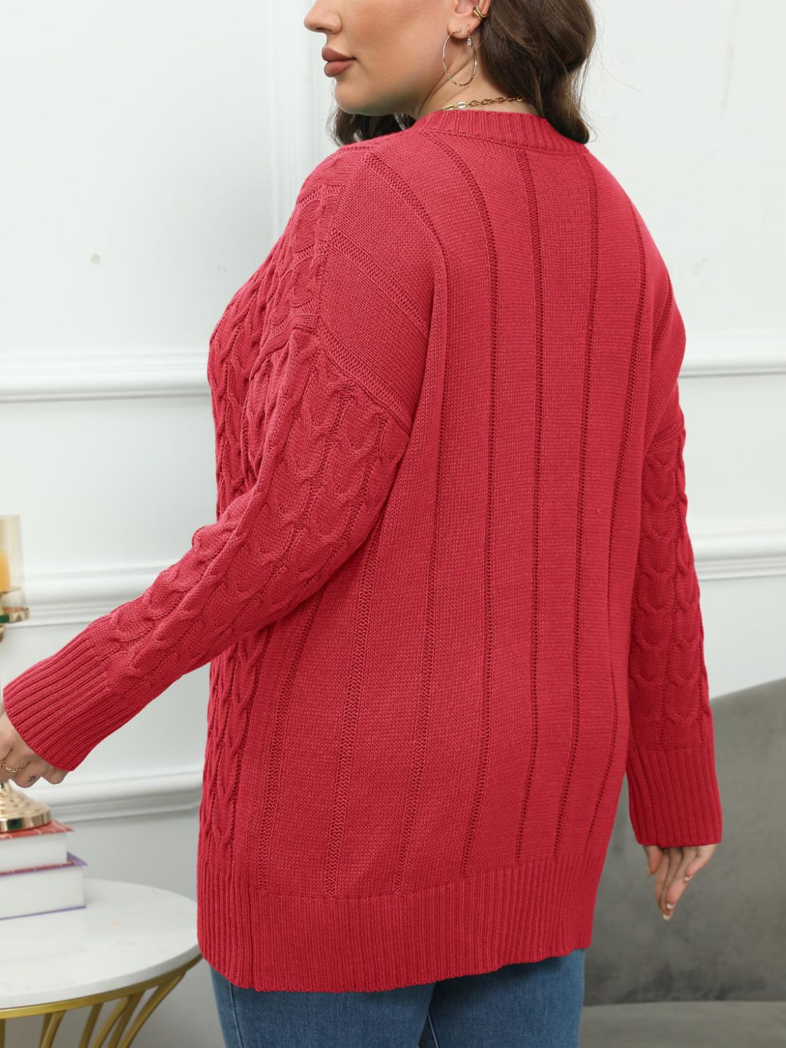Plus Size Round Neck Long Sleeve Sweater - -