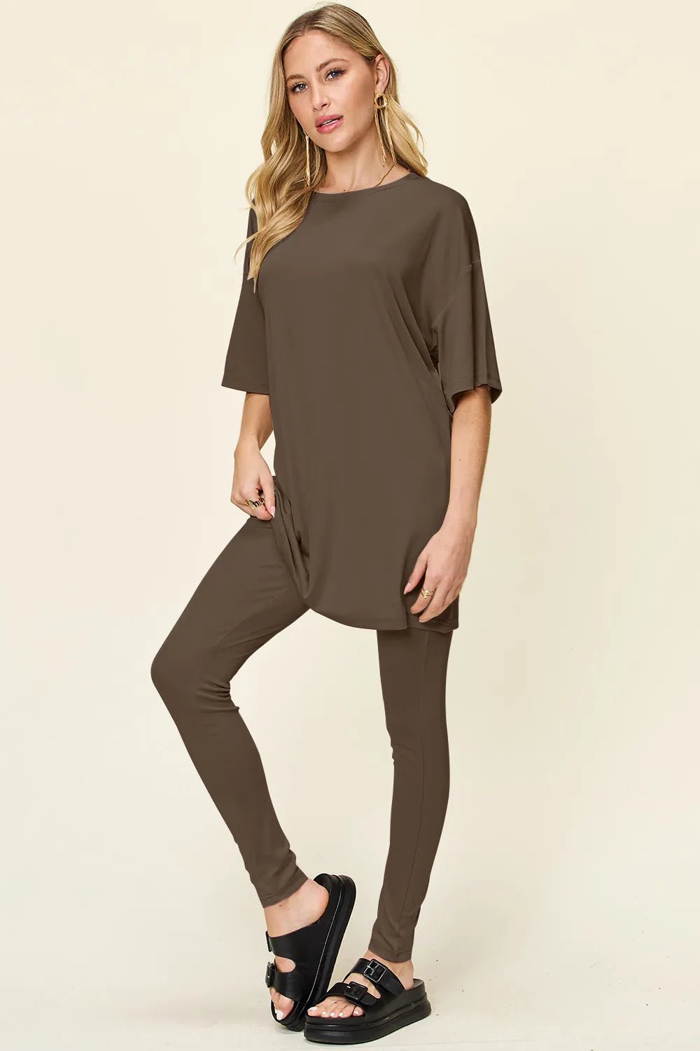 Double Take Full Size Round Neck Dropped Shoulder T-Shirt and Leggings Set - Mocha -