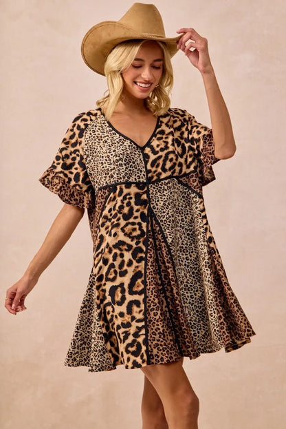 BiBi Leopard Prints Mix and Match Short Sleeves Dress - -