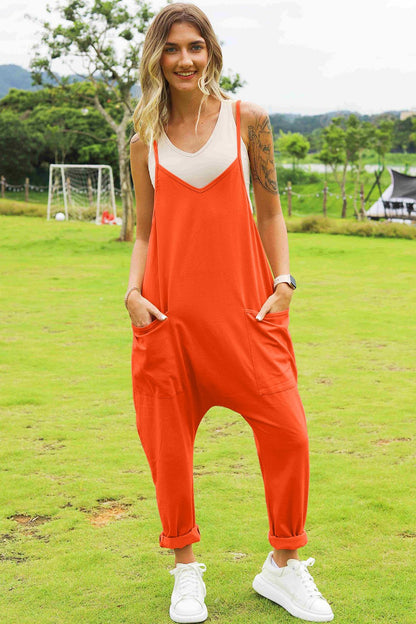 Double Take Full Size Pocketed V-Neck Jumpsuit – Plus Size, Relaxed Fit, Travel Ready - Orange -
