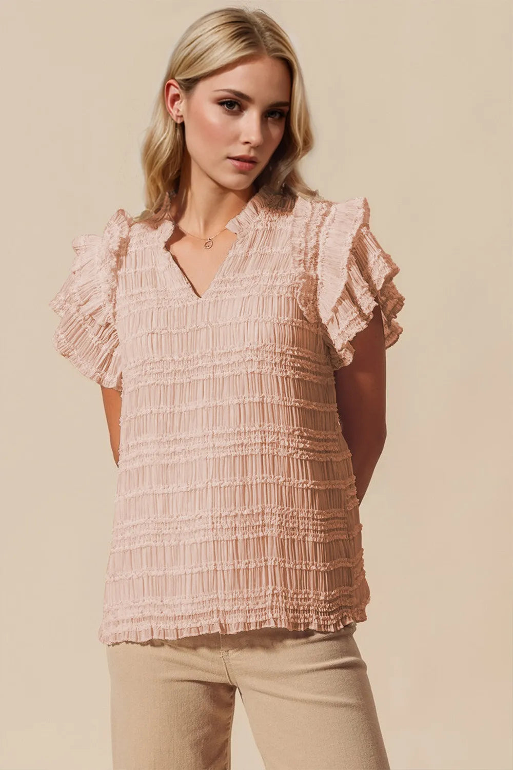 Oh Full Size Frill Notched Flounce Sleeve Blouse - Dust Storm -