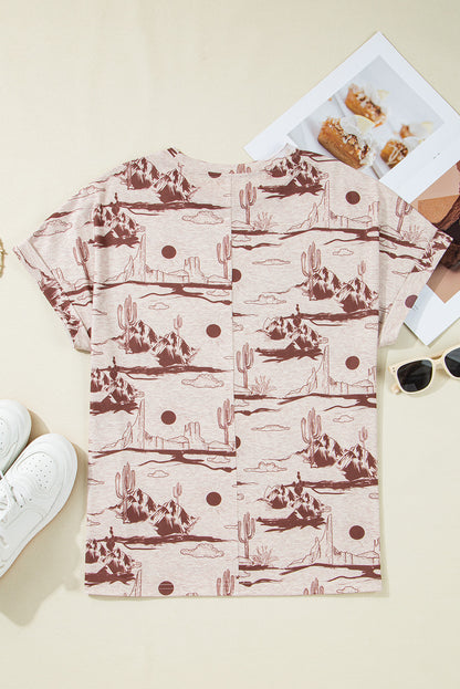 Printed Round Neck Short Sleeve T-Shirt - -