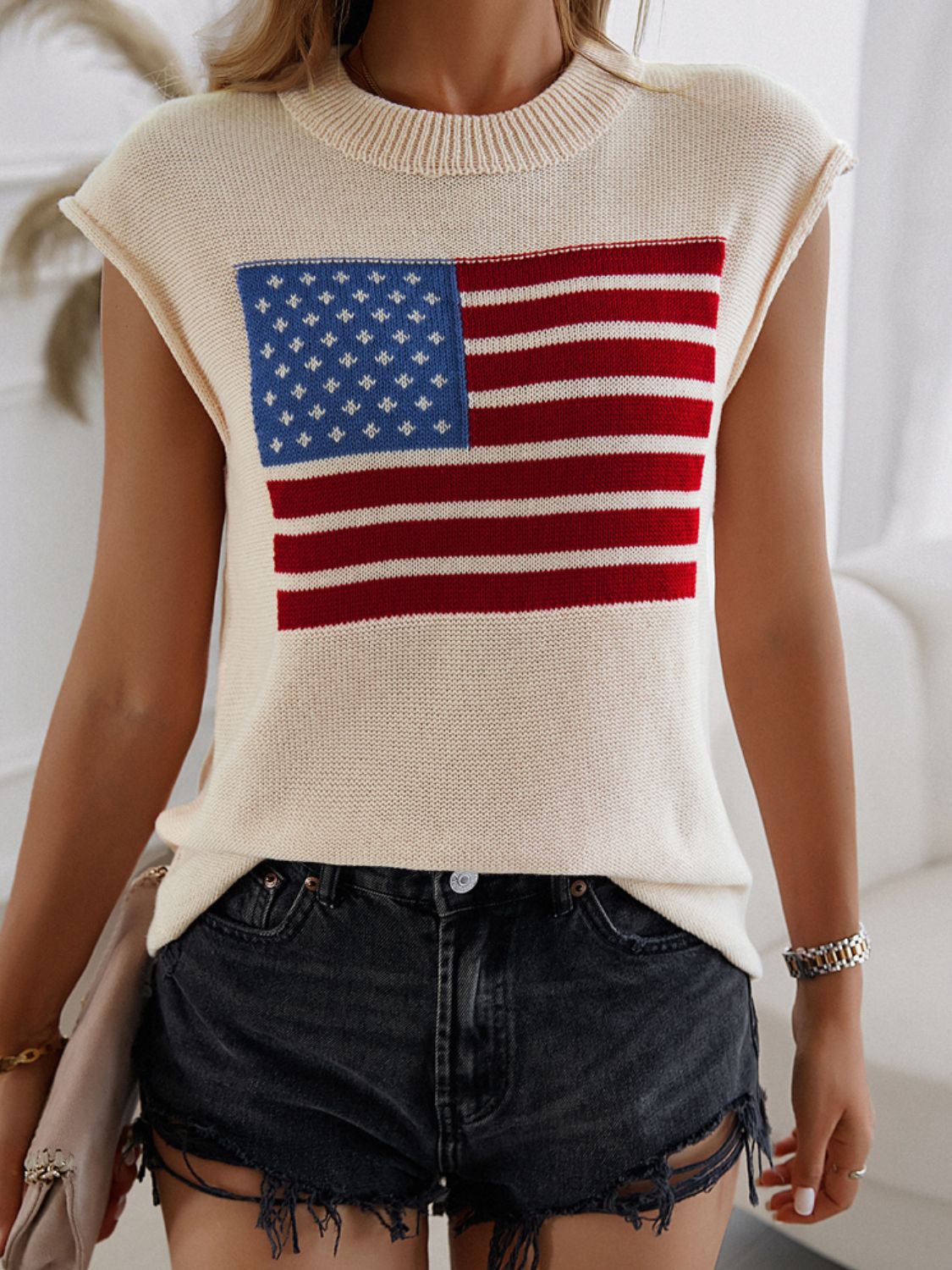 Devine US Flag Round Neck Sweater Vest - -