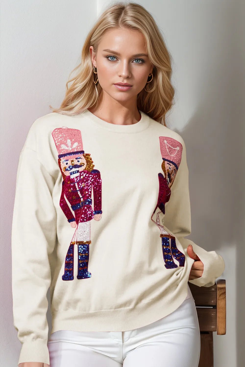Double Take Full Size Nutcracker Sequin Long Sleeve Sweater - Ivory -