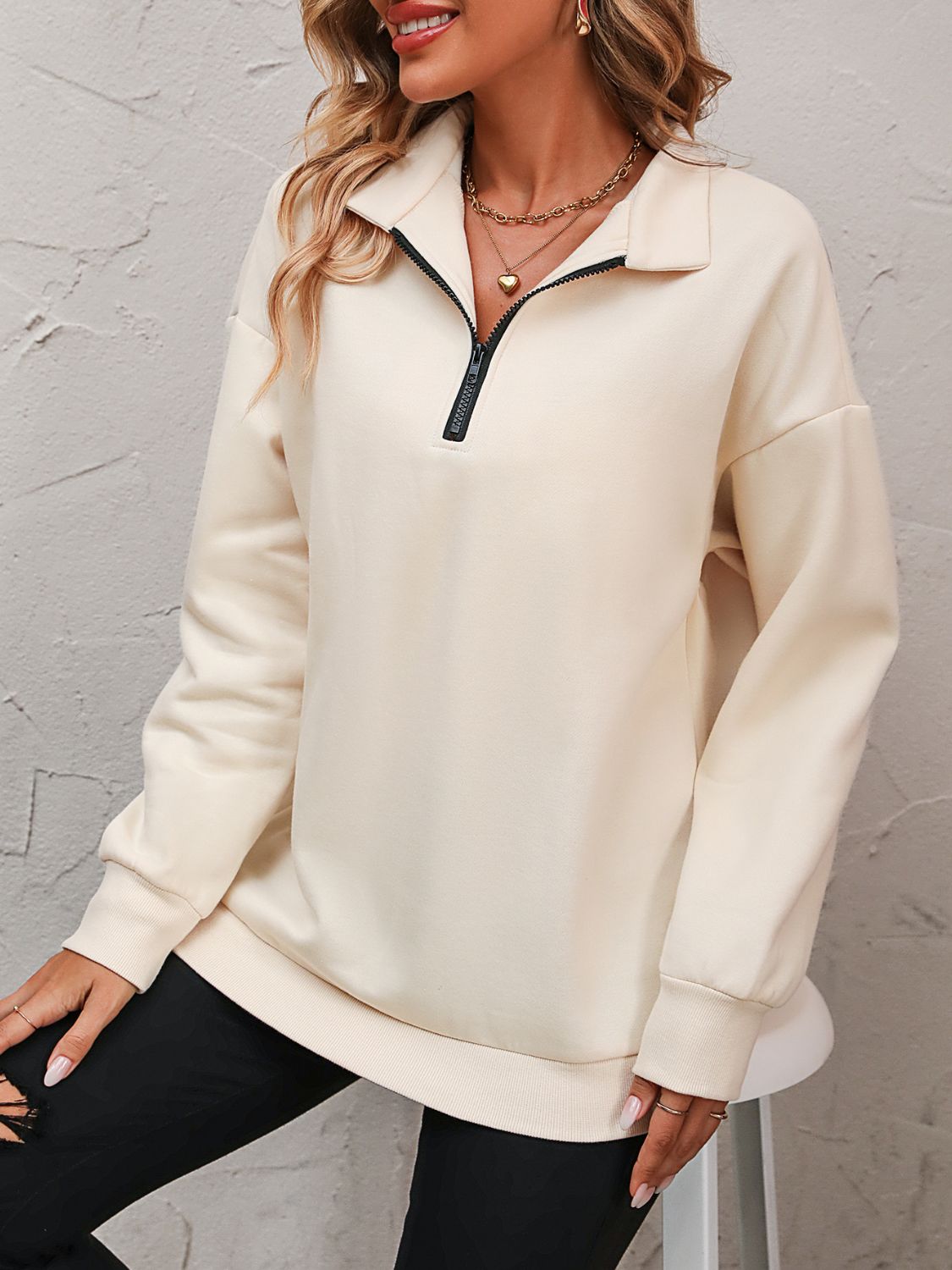 Mandy Zip-Up Dropped Shoulder Sweatshirt - -