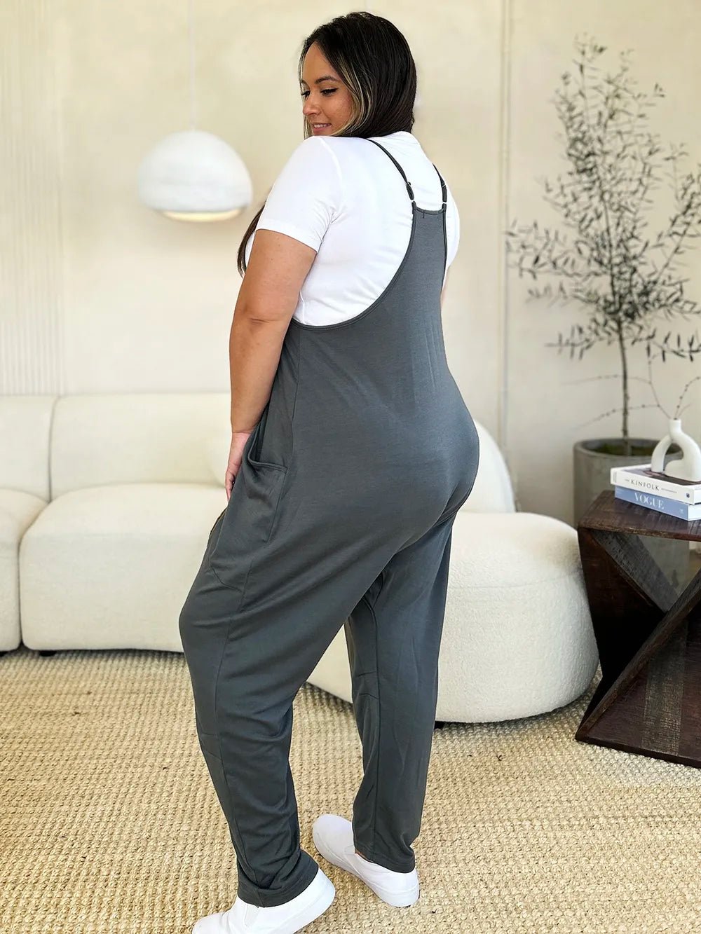 Double Take Full Size Pocketed V-Neck Jumpsuit – Plus Size, Relaxed Fit, Travel Ready - -