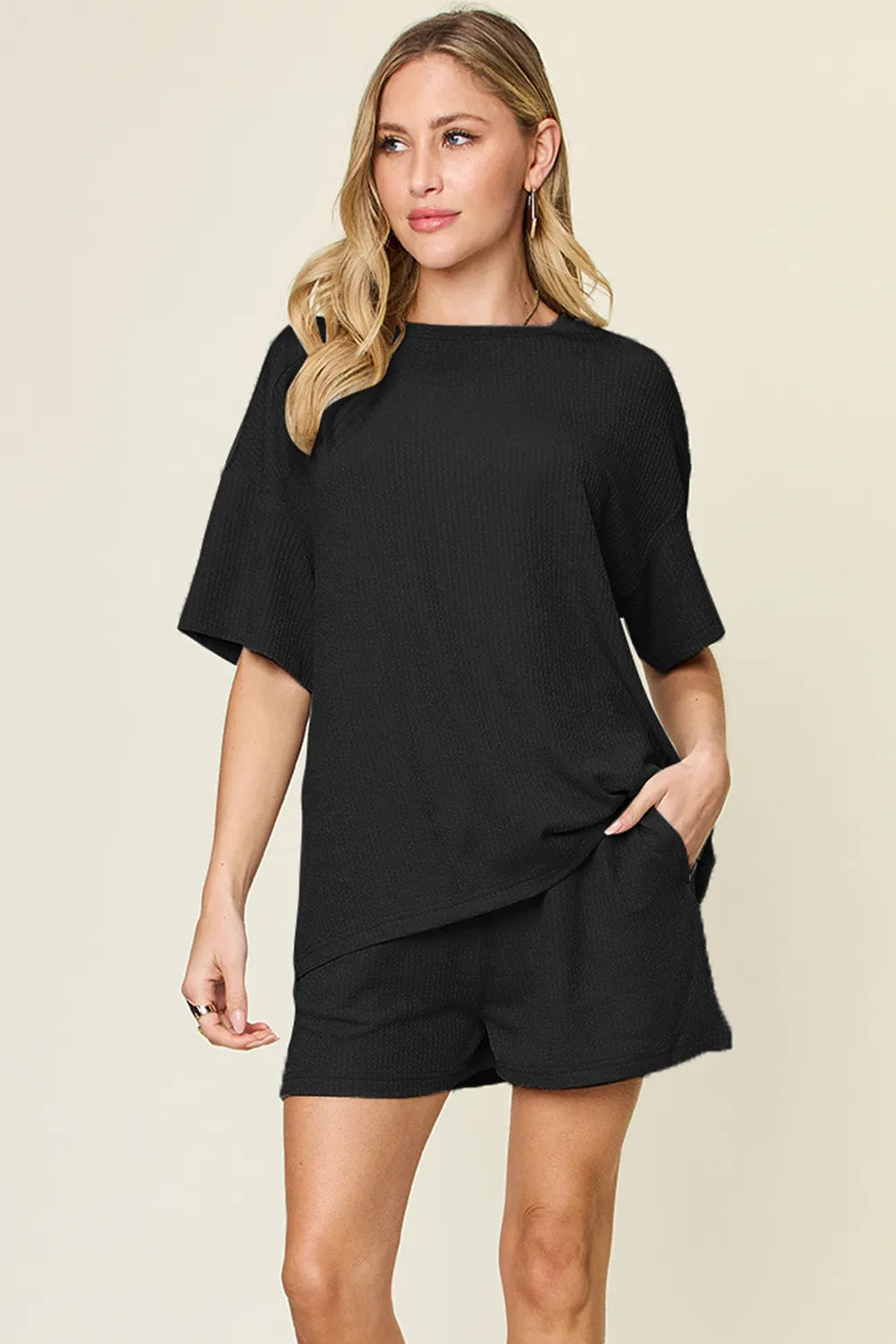 Double Take Basic style Round Neck Solid Set - Black -