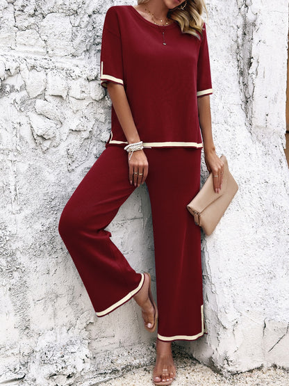 Devine Contrast Trim Round Neck Top and Pants Set