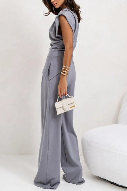 Luxe Asymmetrical Ruched Set - Elevated Wide-Leg Ensemble - -