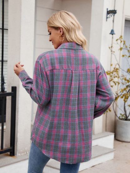 Pocketed Plaid Collared Neck Long Sleeve Shirt - -