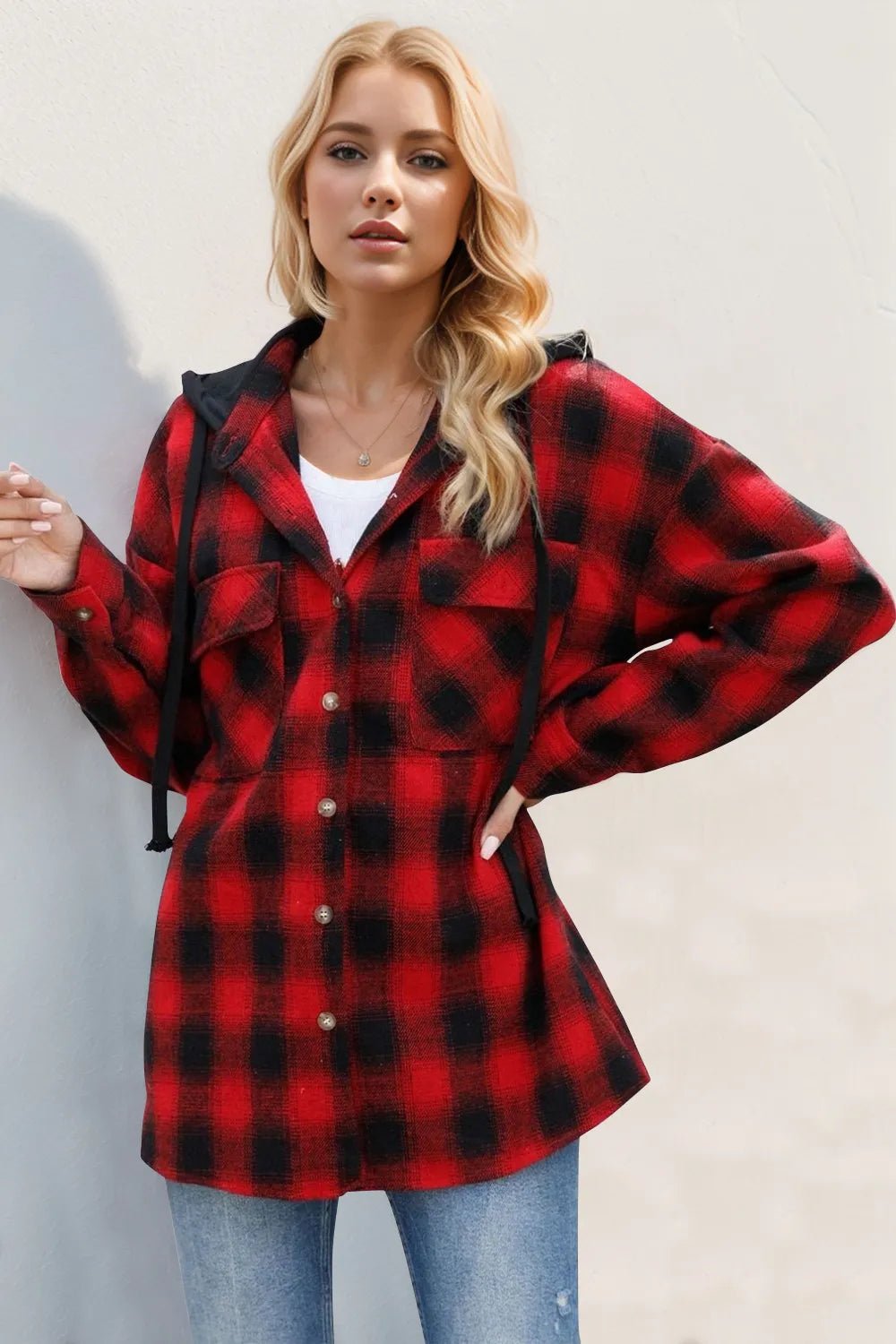 Double Take Drawstring Plaid Long Sleeve Hooded Shacket – | Shannon’s Chique Boutique