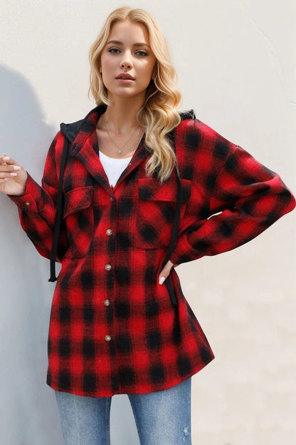 Double Take Drawstring Plaid Long Sleeve Hooded Shacket – | Shannon’s Chique Boutique