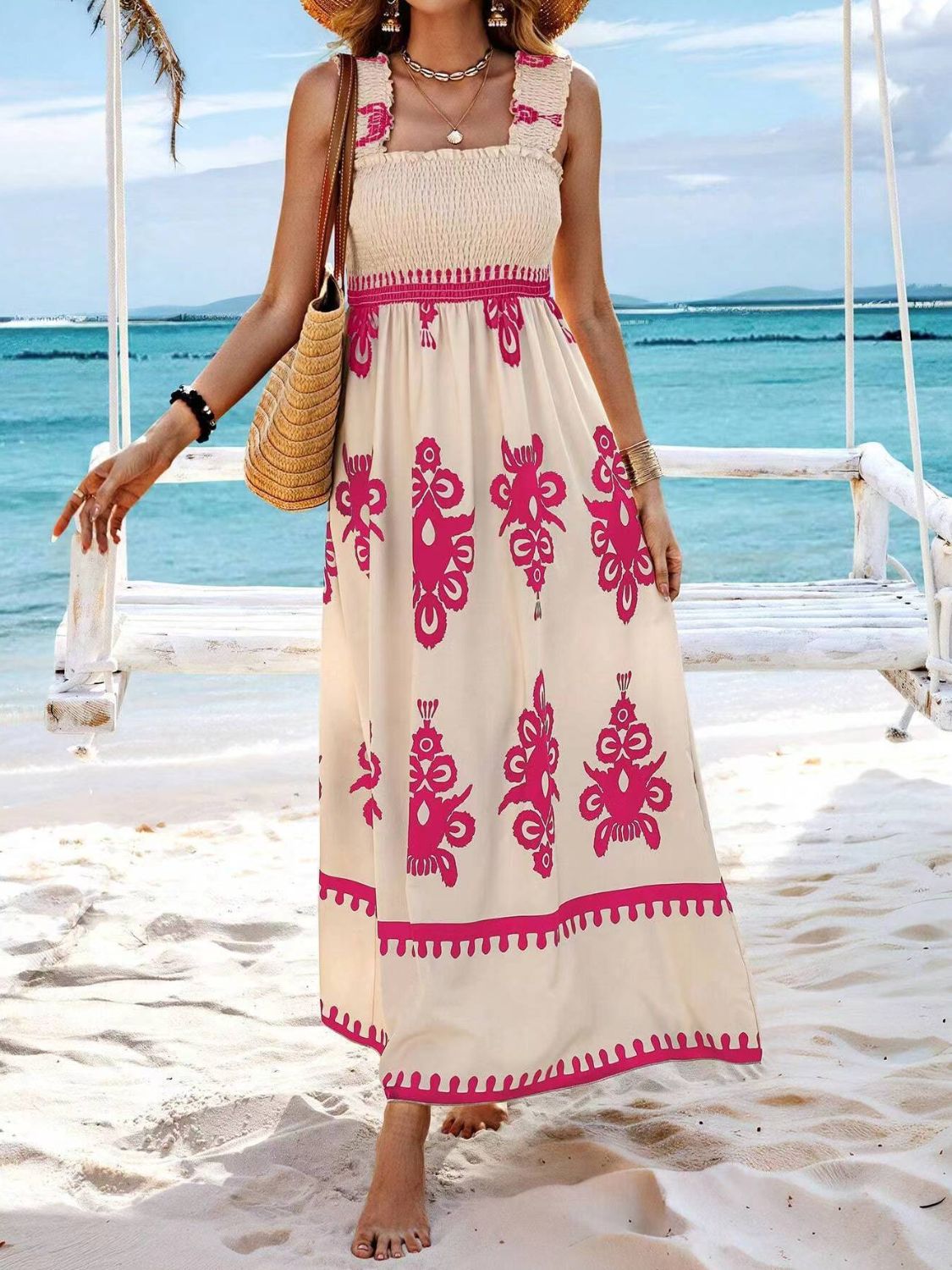 Smocked Printed Wide Strap Maxi Dress - -