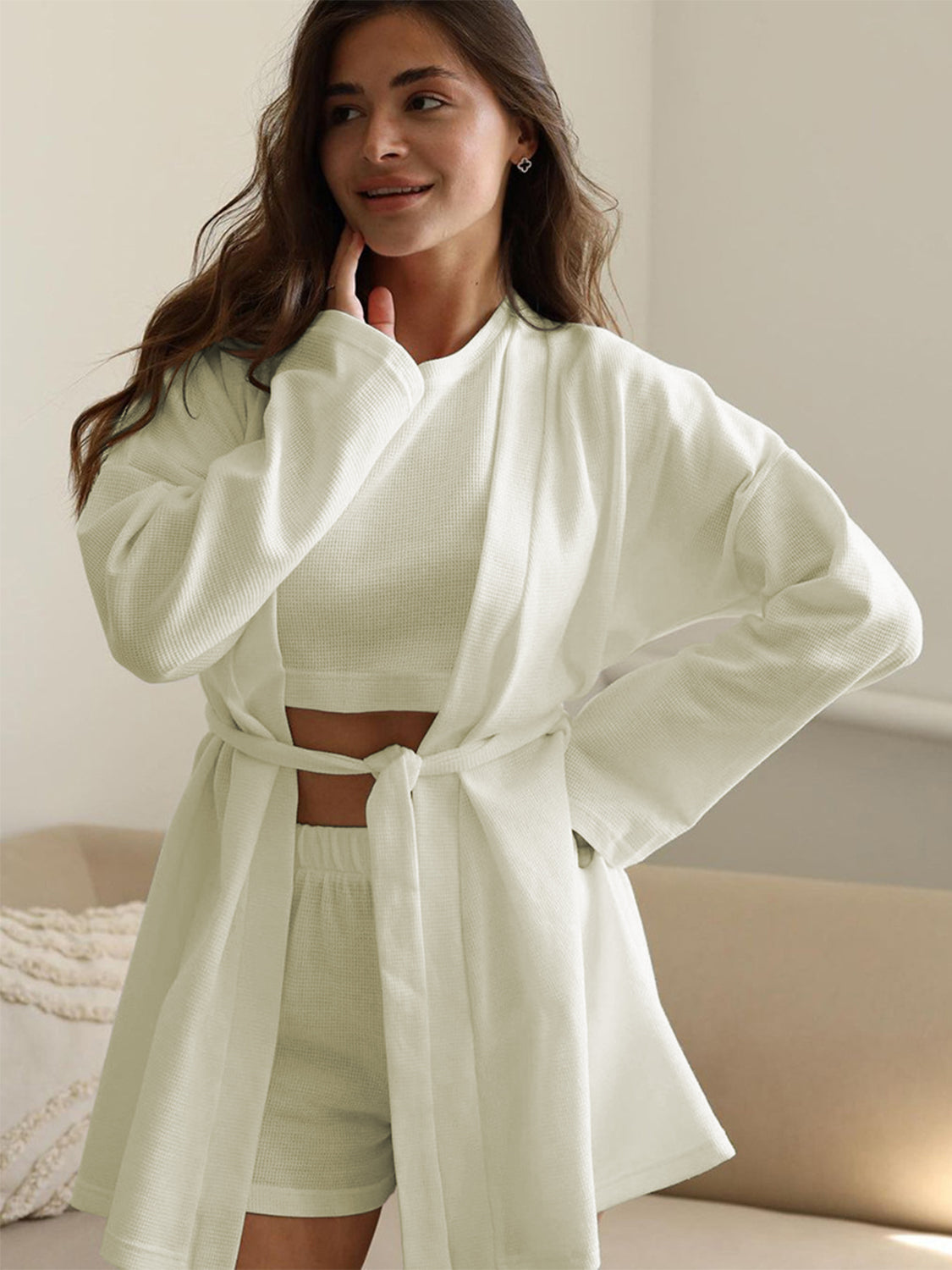 3-Piece Waffle-Knit Lounge Set – Cardigan, Tee & Shorts - -