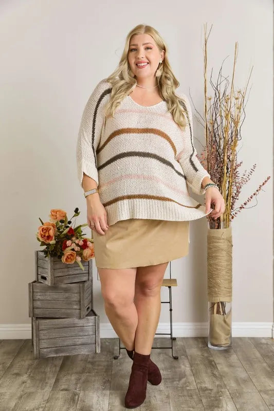 ADORA Full Size Multi Color Strip Sweater Plus Size - -
