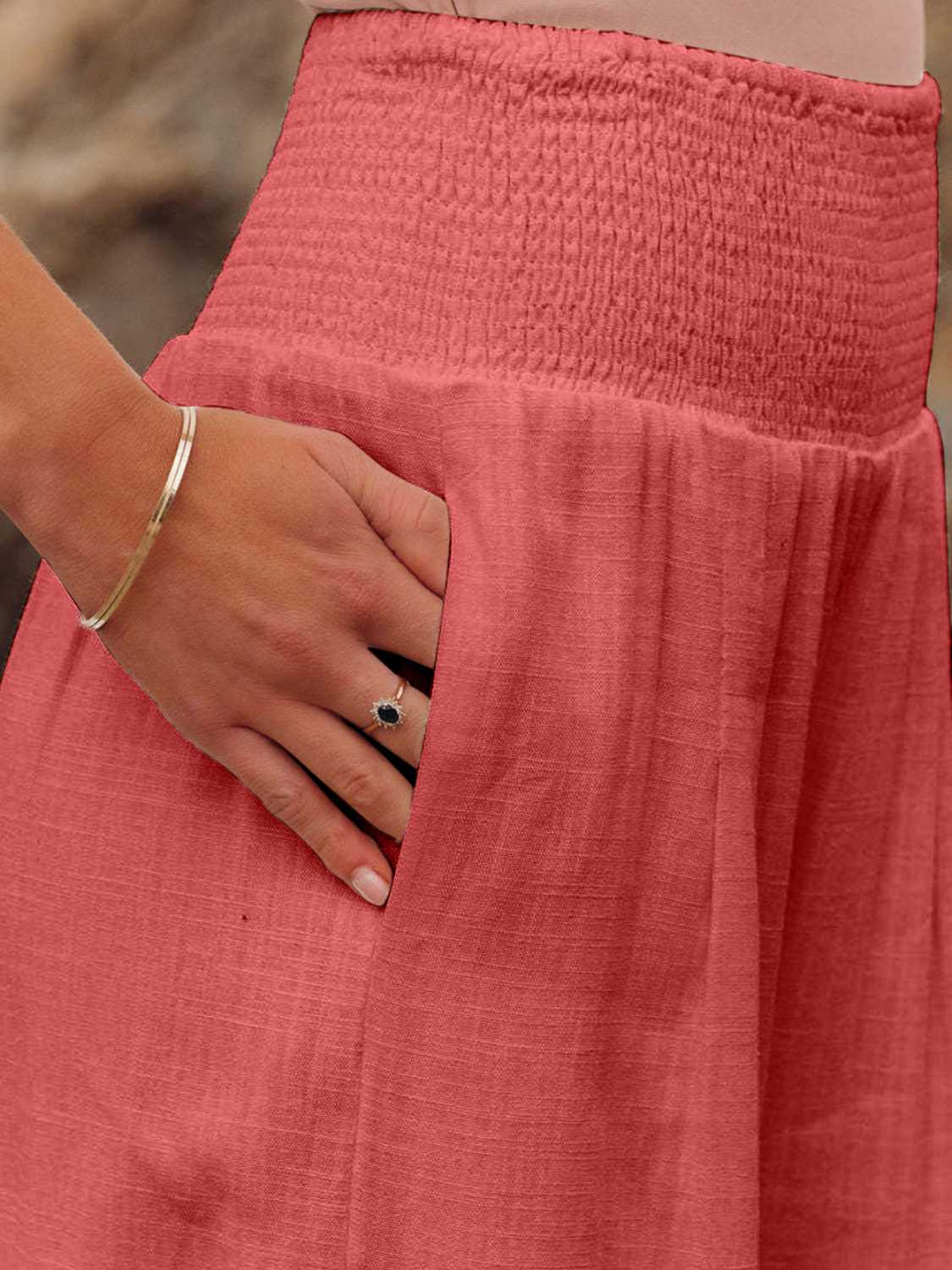 Full Size Smocked Waist Wide Leg Pants - -