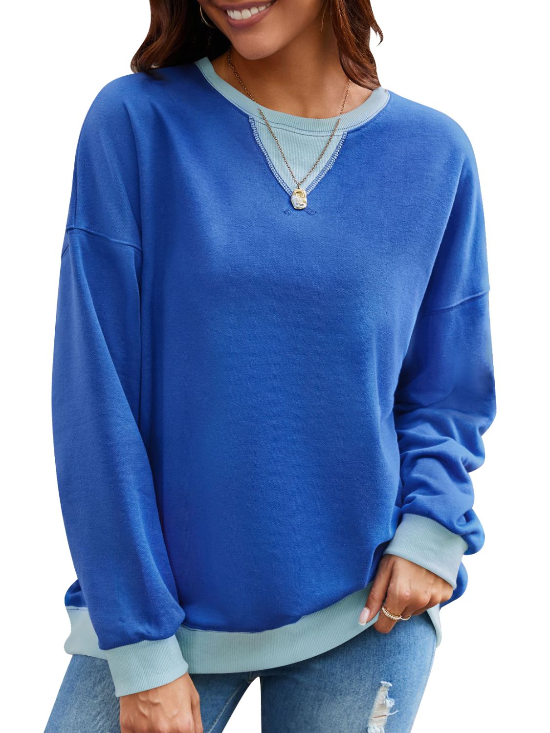 Contrast Round Neck Long Sleeve Sweatshirt - Navy -