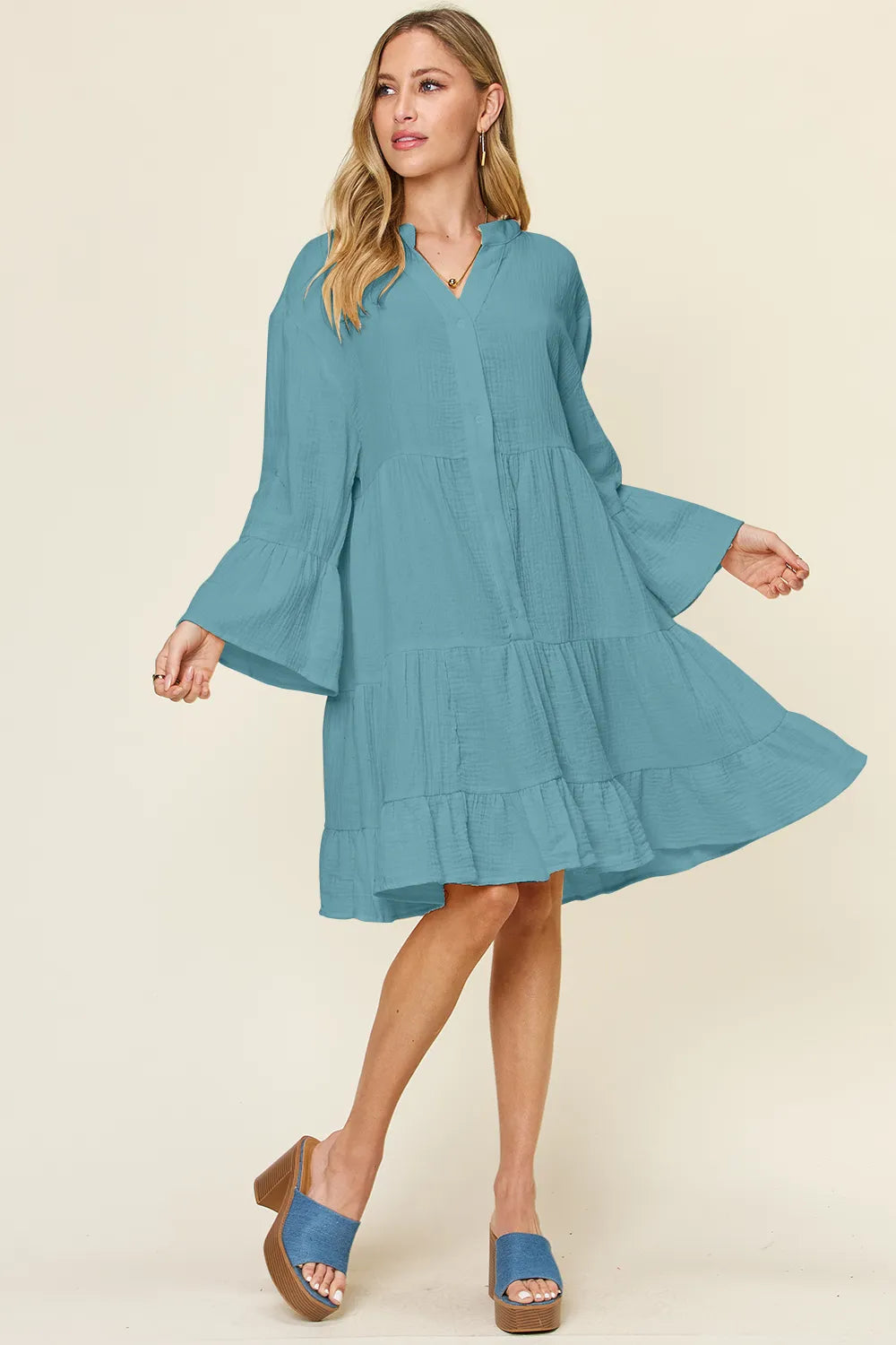 Double Take Full Size Texture Button Up Ruffle Hem Dress - -
