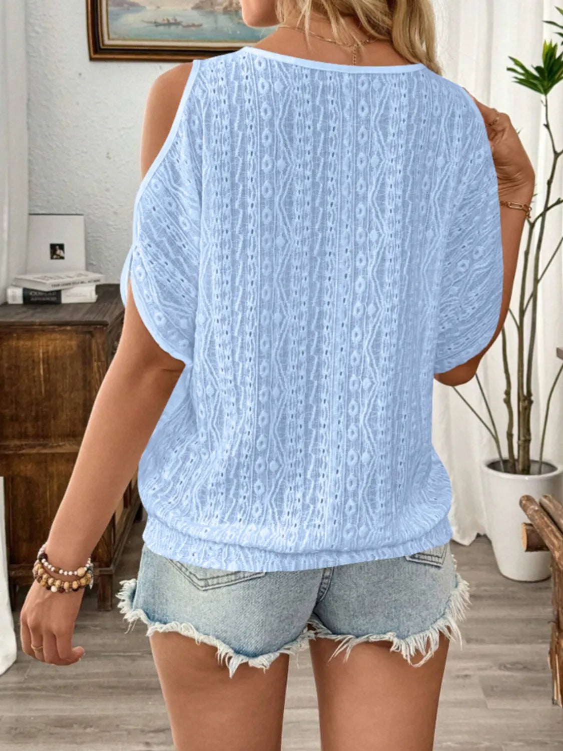 Eyelet Cold Shoulder Round Neck Blouse - -